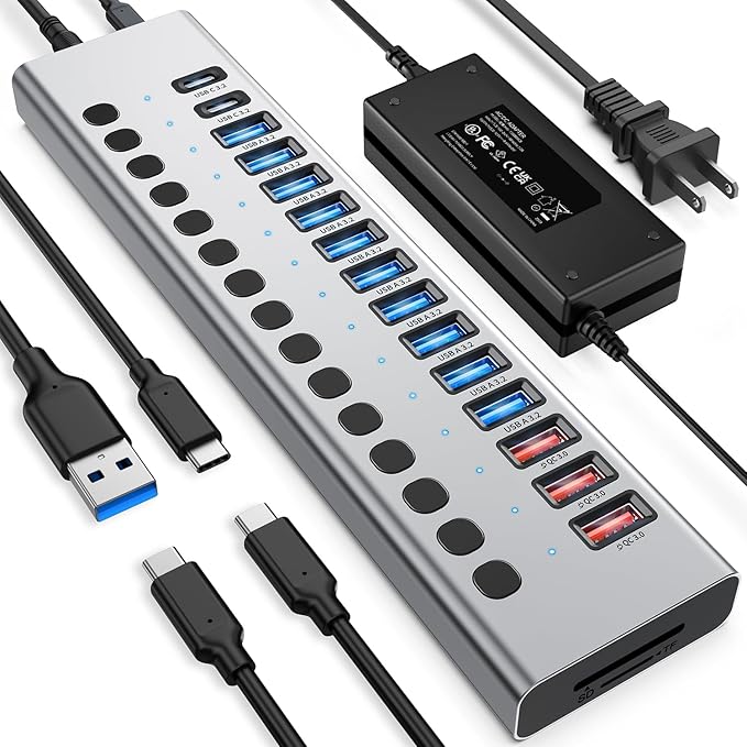 17Port 96W USB 32 Hub 10Gbps Power  Fast Charging