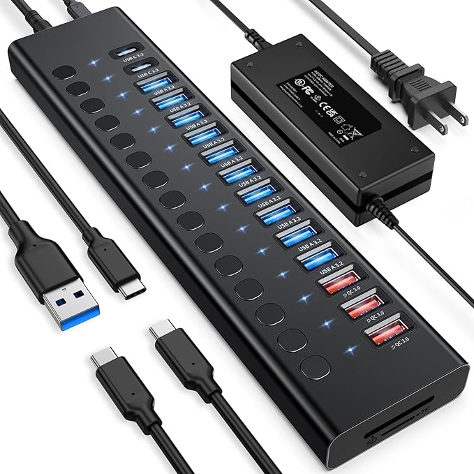 17Port 96W USB 32 Hub 10Gbps Power  Fast Charging
