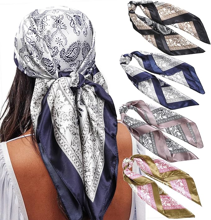 AWAYTR 4PC Large Satin Silk Square Scarves for Women