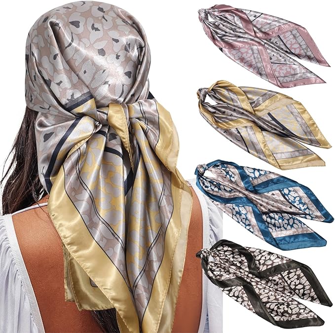 AWAYTR 4PC Large Satin Silk Square Scarves for Women