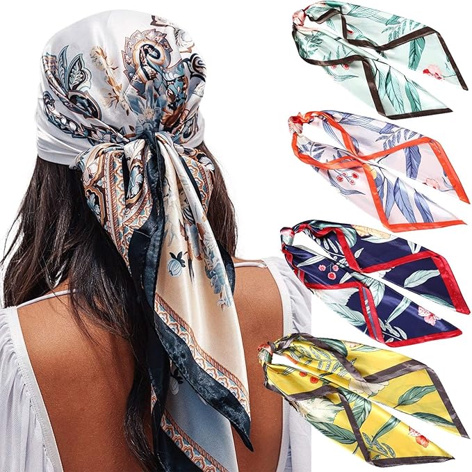 AWAYTR 4PC Large Satin Silk Square Scarves for Women