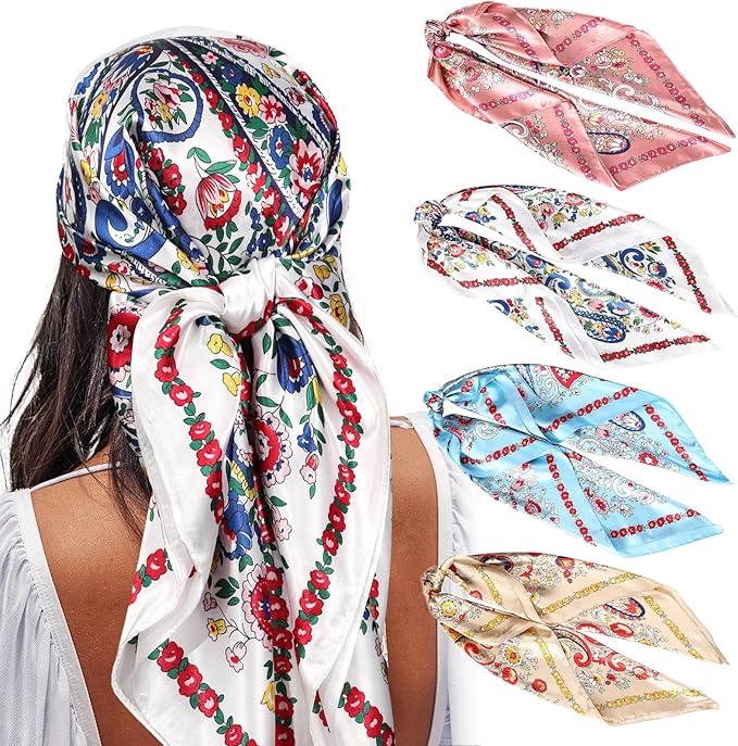 AWAYTR 4PC Large Satin Silk Square Scarves for Women