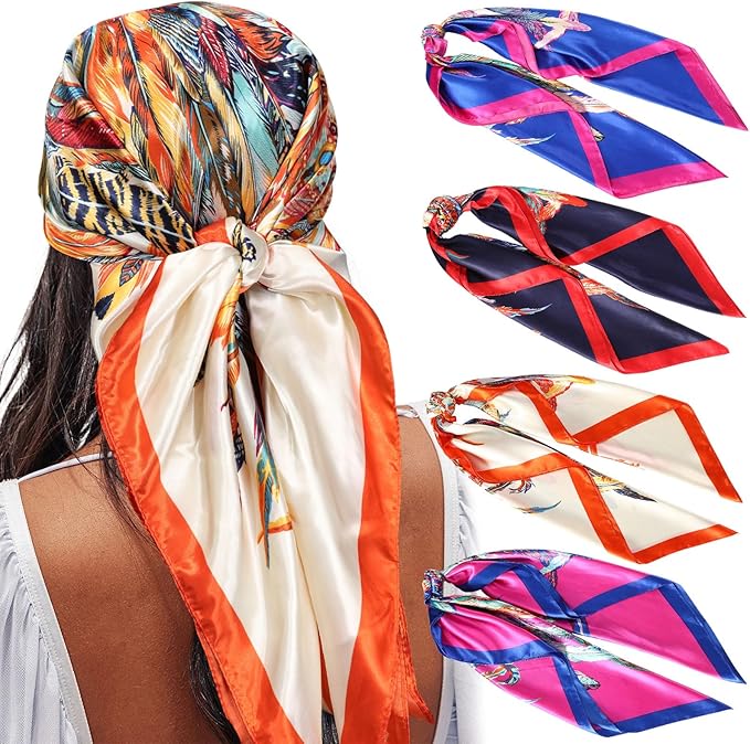 AWAYTR 4PC Large Satin Silk Square Scarves for Women