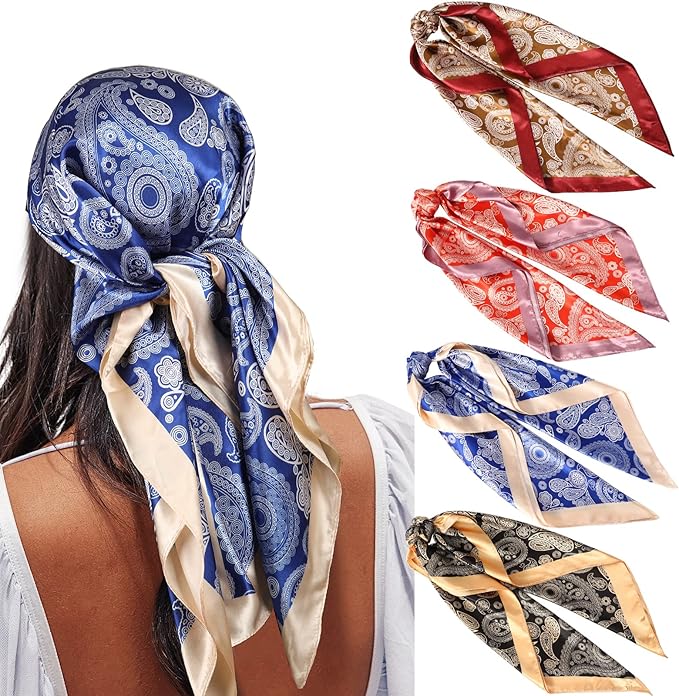 AWAYTR 4PC Large Satin Silk Square Scarves for Women