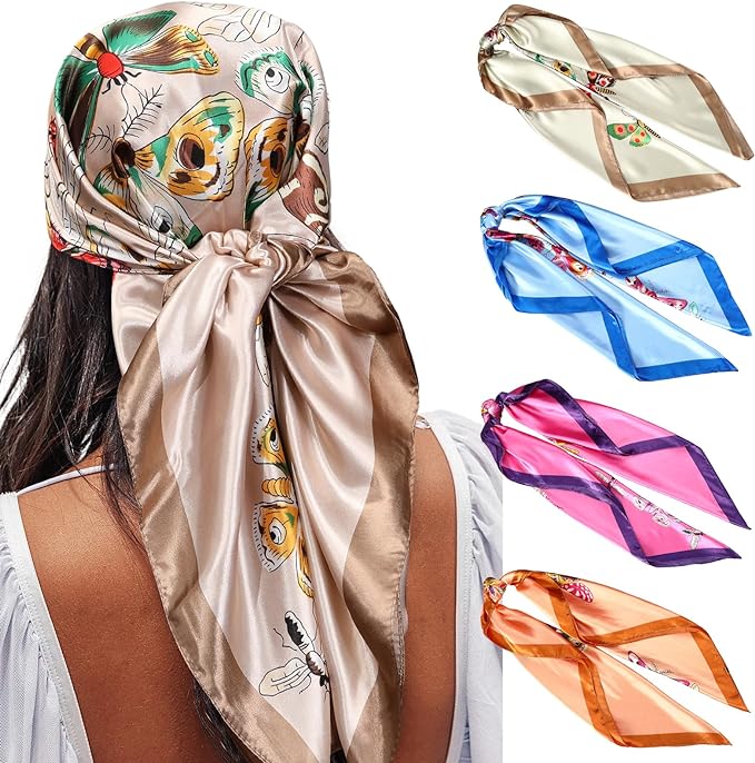 AWAYTR 4PC Large Satin Silk Square Scarves for Women