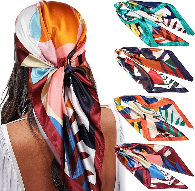 AWAYTR 4PC Large Satin Silk Square Scarves for Women