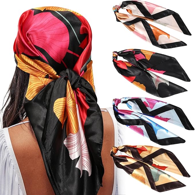 AWAYTR 4PC Large Satin Silk Square Scarves for Women