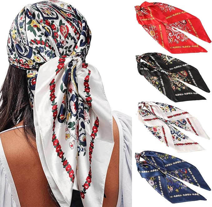 AWAYTR 4PC Large Satin Silk Square Scarves for Women