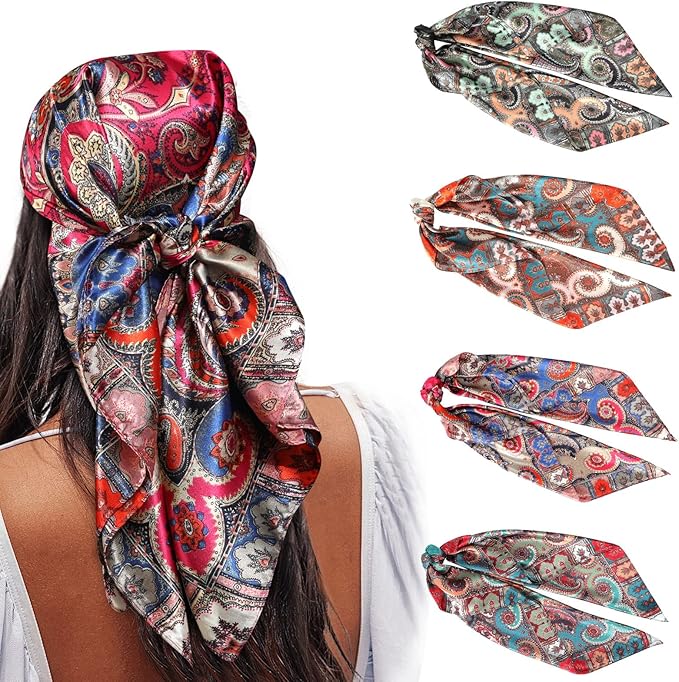 AWAYTR 4PC Large Satin Silk Square Scarves for Women