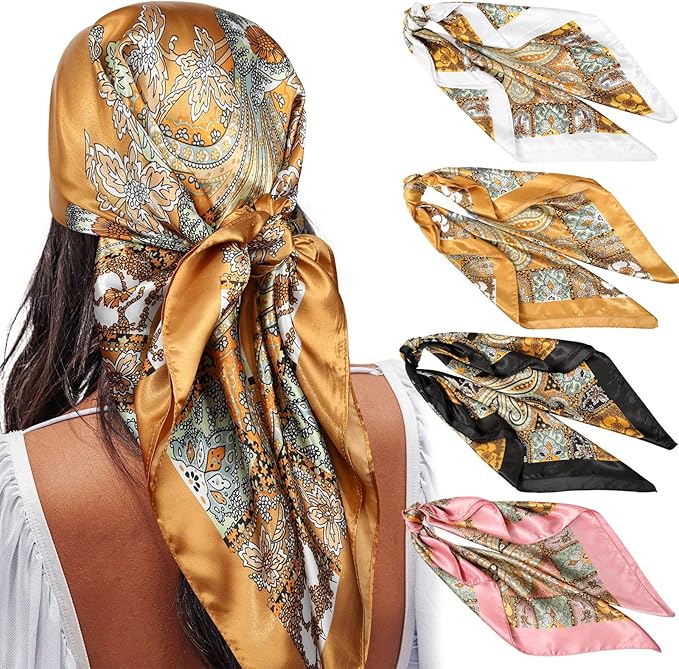 AWAYTR 4PC Large Satin Silk Square Scarves for Women