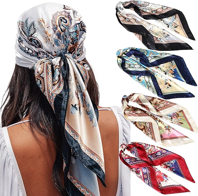 AWAYTR 4PC Large Satin Silk Square Scarves for Women