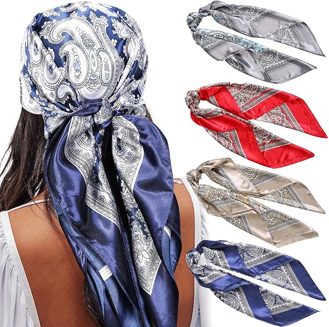 AWAYTR 4PC Large Satin Silk Square Scarves for Women