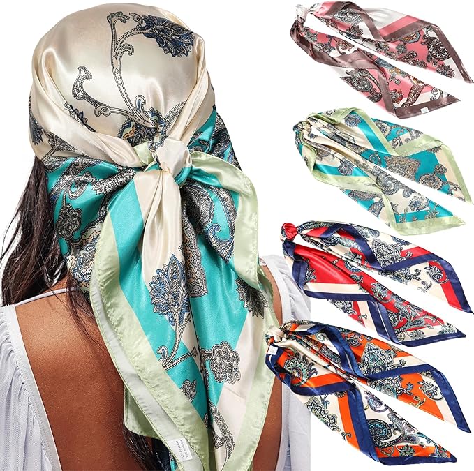 AWAYTR 4PC Large Satin Silk Square Scarves for Women