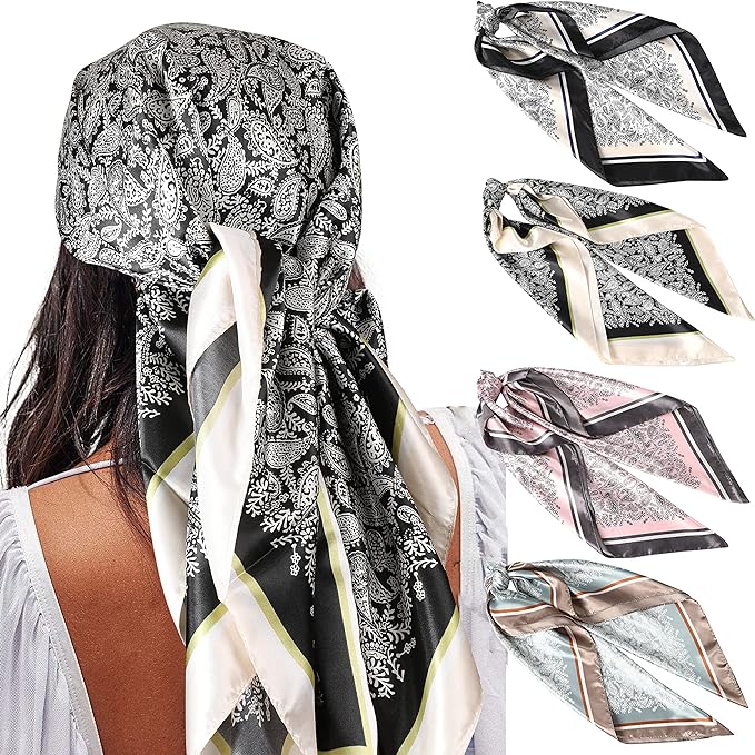 AWAYTR 4PC Large Satin Silk Square Scarves for Women