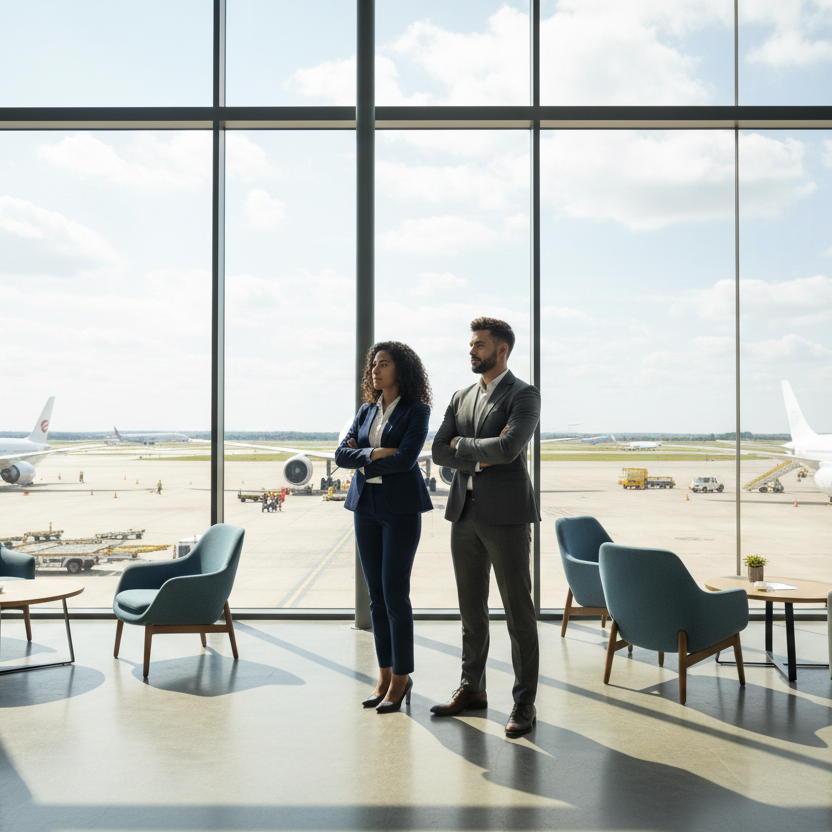 biracial Business partners standing in an airport lounge looking at planes 