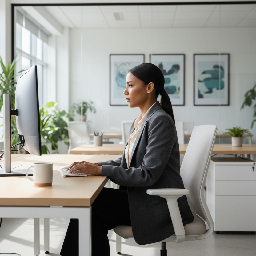 biracial business woman in her office on the computer. do not show the computer screen 