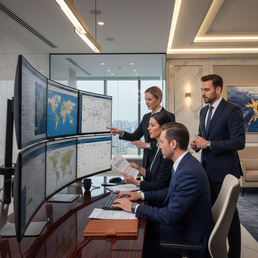 create a luxury concierge flight booking team in an office working together  