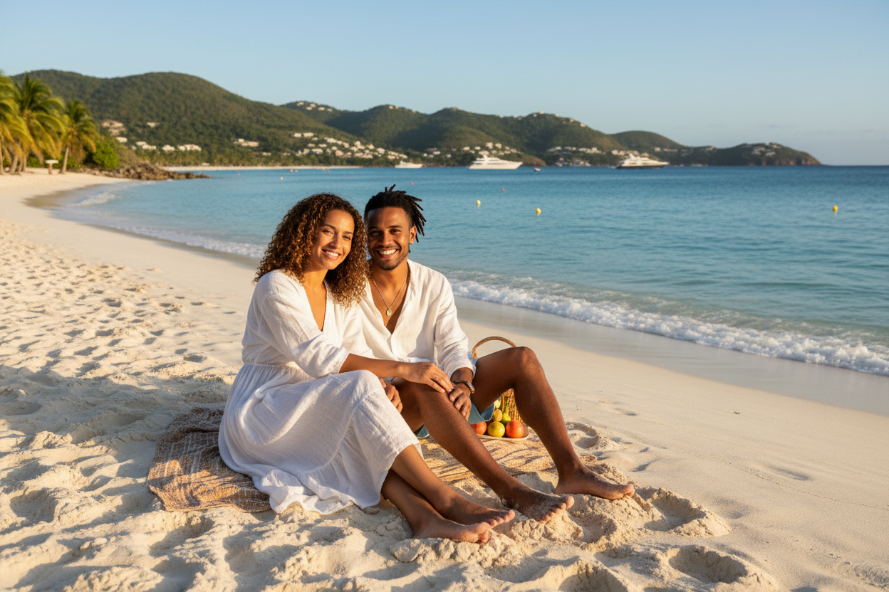 Create a photo a biracial couple sitting on an beach in St Barts 