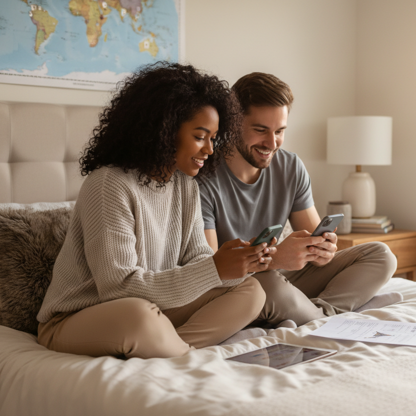 Create a photo of a biracial couple both on their phones in their bedroom booking flights 