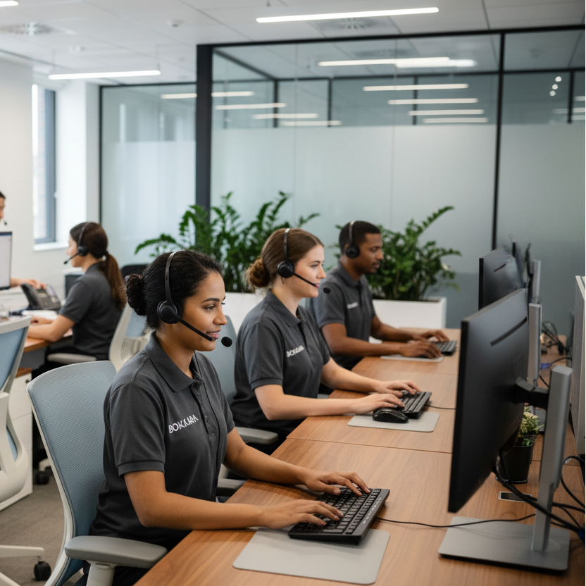 create-a-photo-of-a-biracial-mixed-gender-concierge-team-in-an-office-providing-customer-support-add-the-text-bokkara-logo-on-their-uniform-without-icon-ensure everyone-is-sitting