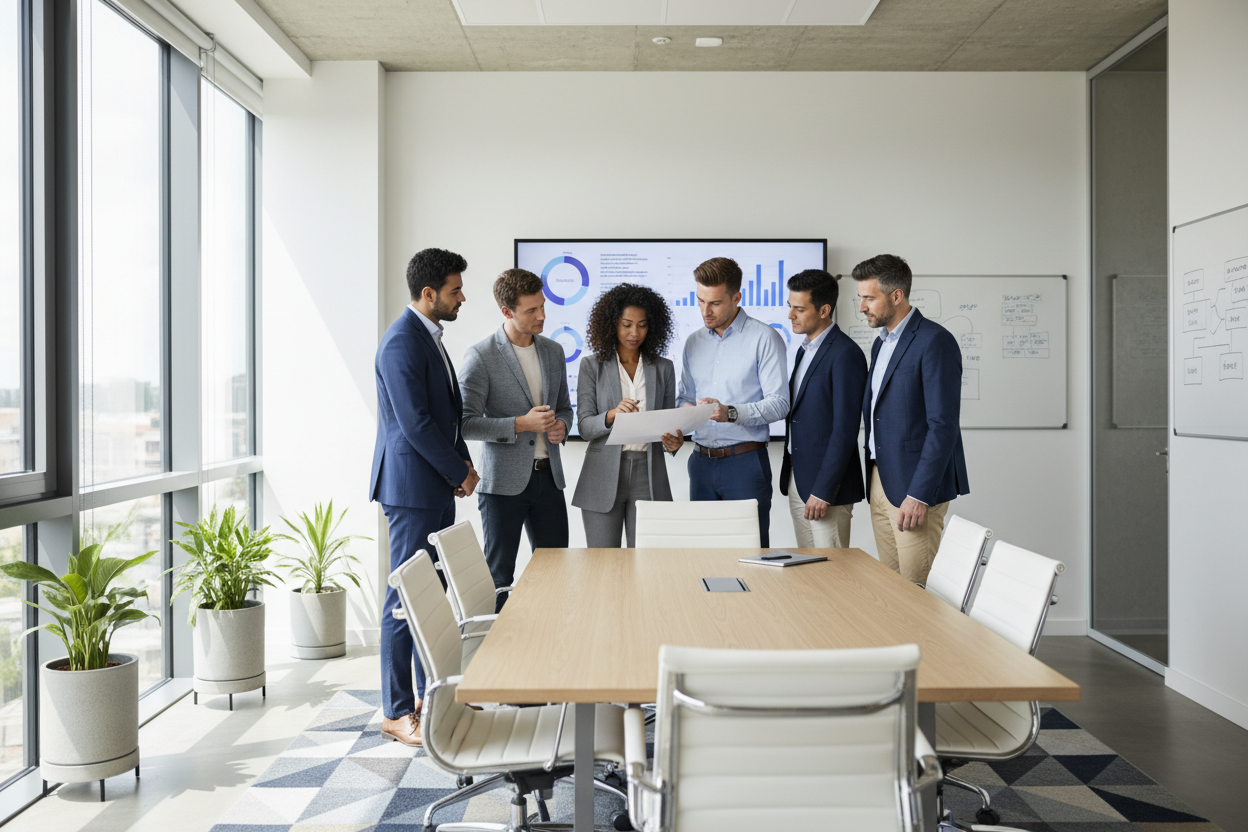 Create a photo of a biracial team holding a clipboard and watching a large screen on the wall in a conference room
