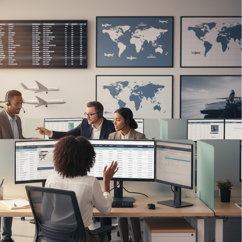 create a photo of a team of agents in an office behind computers managing flights 