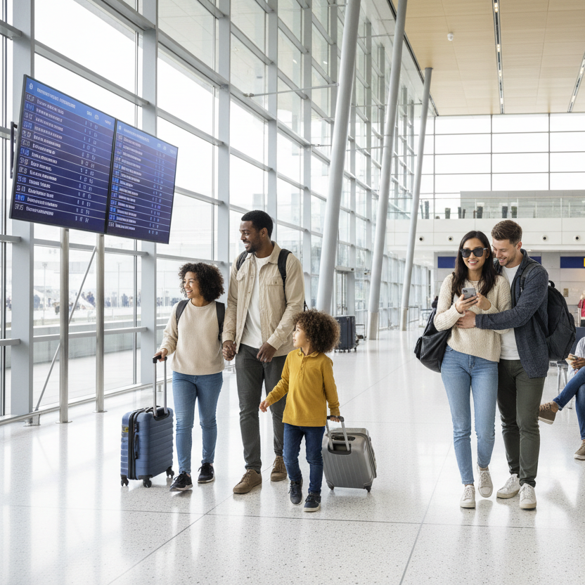 Create a photo of biracial travelers at an airport 