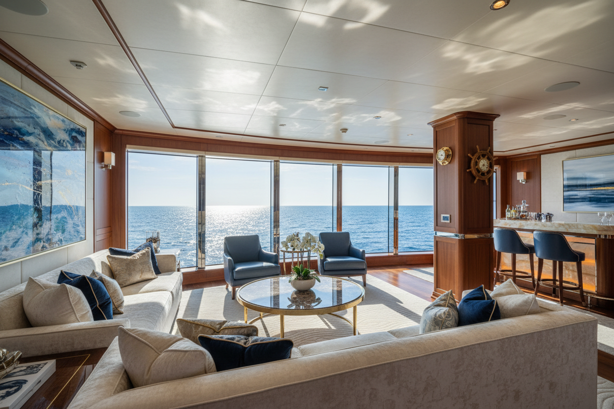 Create a photo of inside a Yacht but still showing the ocean 