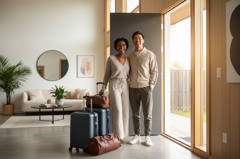 create an image of a biracial couple standing in their house with their suitcases ready for their flight 