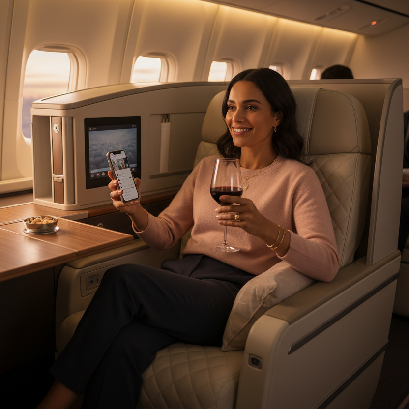 Create an image of a biracial female sitting on a first class flight on her phone with a glass of wine in her other hand 