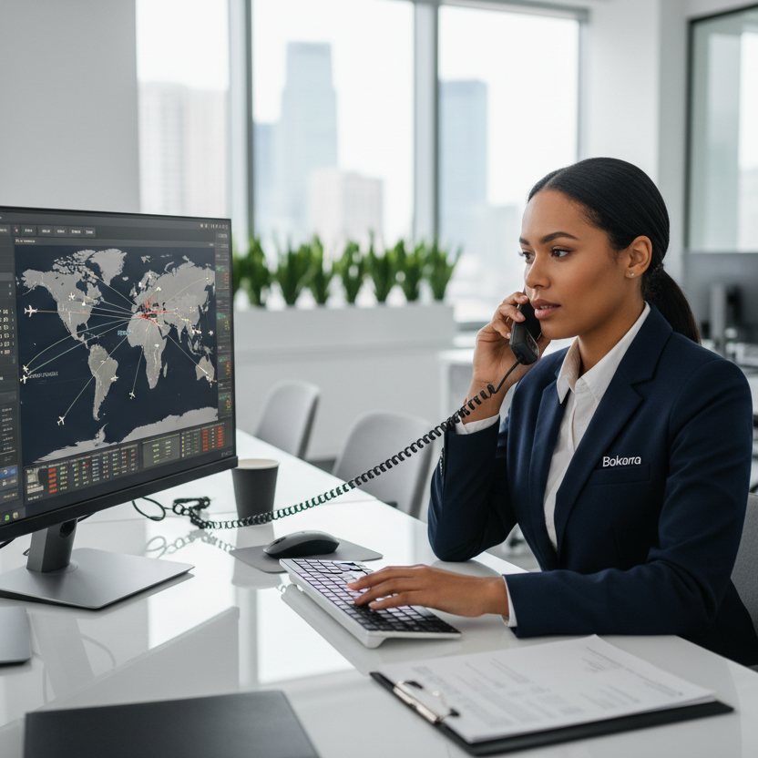 Create an image of a biracial woman sitting behind a desk on a computer tracking flights and talking on the phone with Bokkara text logo on her uniform