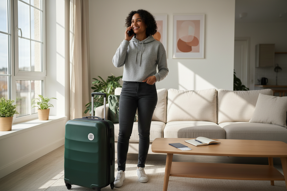Create an image of a happy biracial traveler at home talking on the phone ready for their flight 