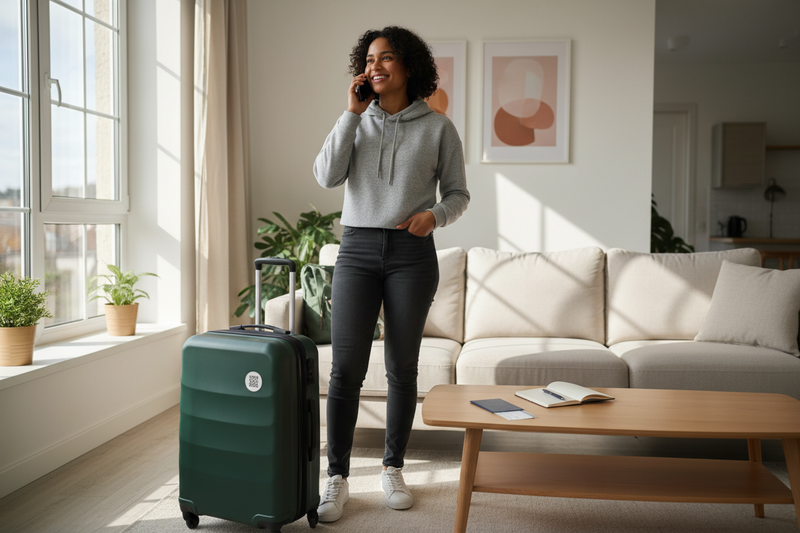 Create an image of a happy biracial traveler at home talking on the phone ready for their flight 