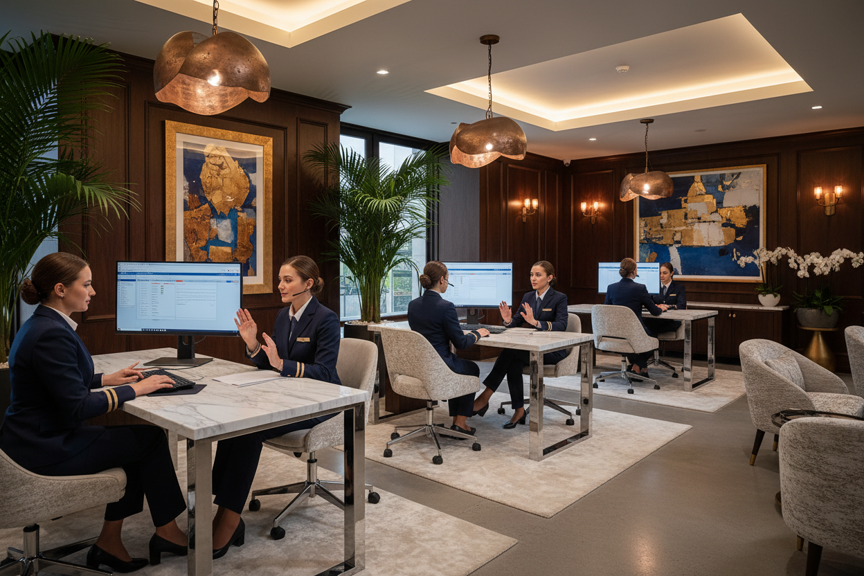 Create an image of a luxury club with luxurious flight booking agents by a desk on a computer booking flights and talking on the phone and add Bokkara text on their uniforms 