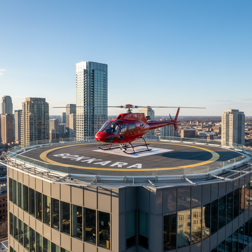 Create an image of a red Helicopter on top of a building with a mat out side with the "BOKKARA" Logo with no icon 