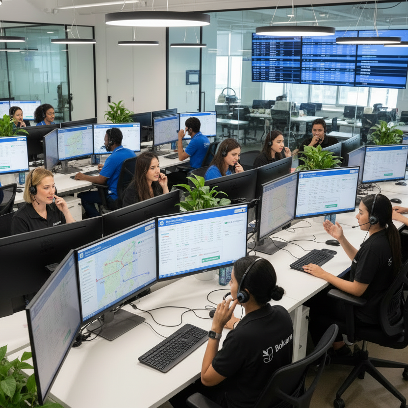 Create an image of biracial workers talking on the phone looking at screens and managing clients flights with the Word "Bokkara" logo on their shirts 