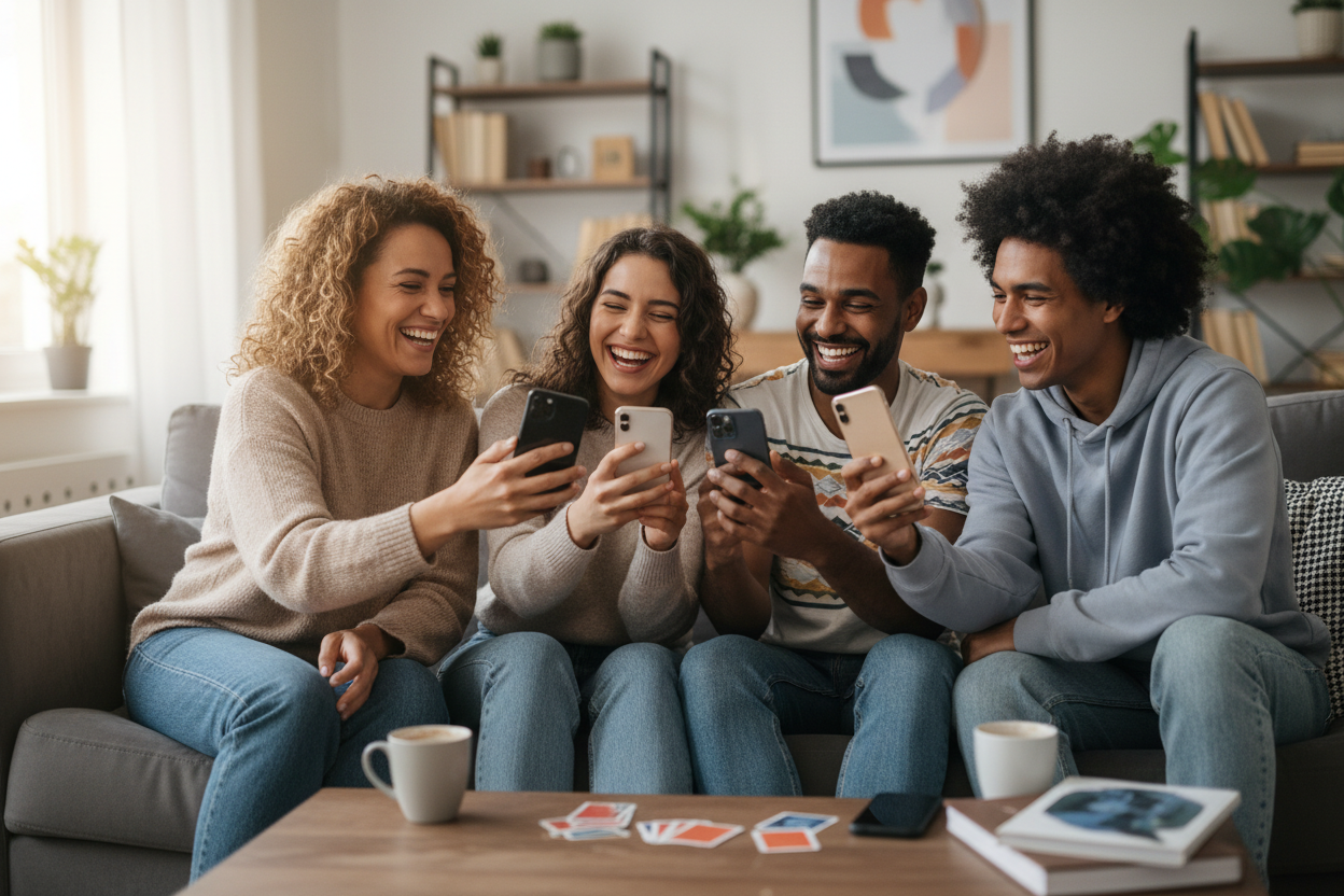 Create an image of happy biracial friends on their phones 
