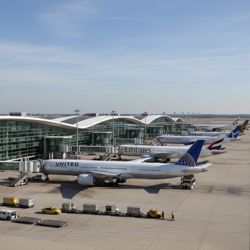 Create an image with an airport showing major commercial airlines 
