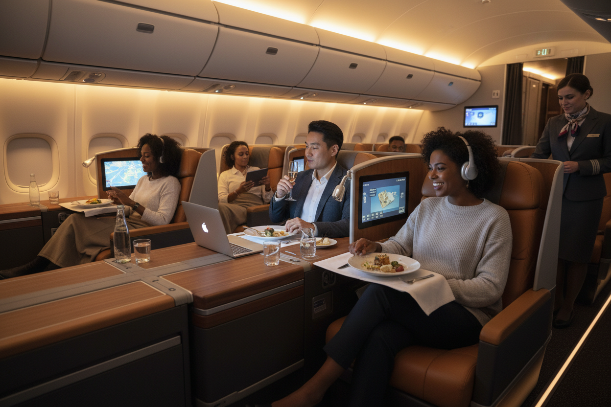 create an image with biracial Individuals who fly premium cabins frequently