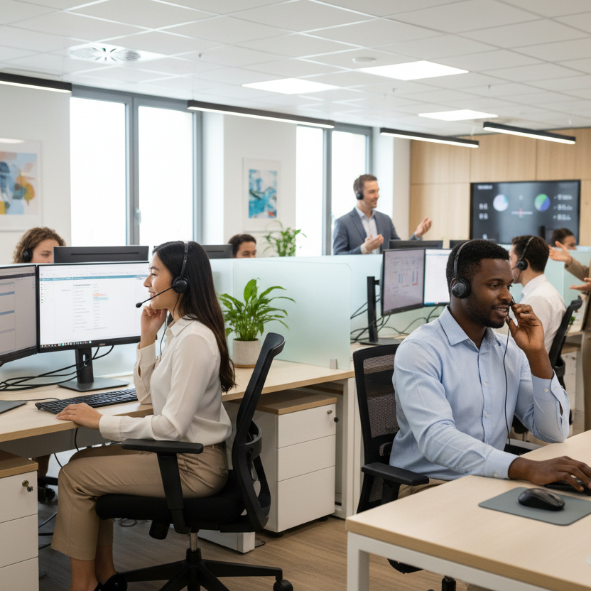 use my store logo and create an image of 2 biracial employees working at a call center on a computer 